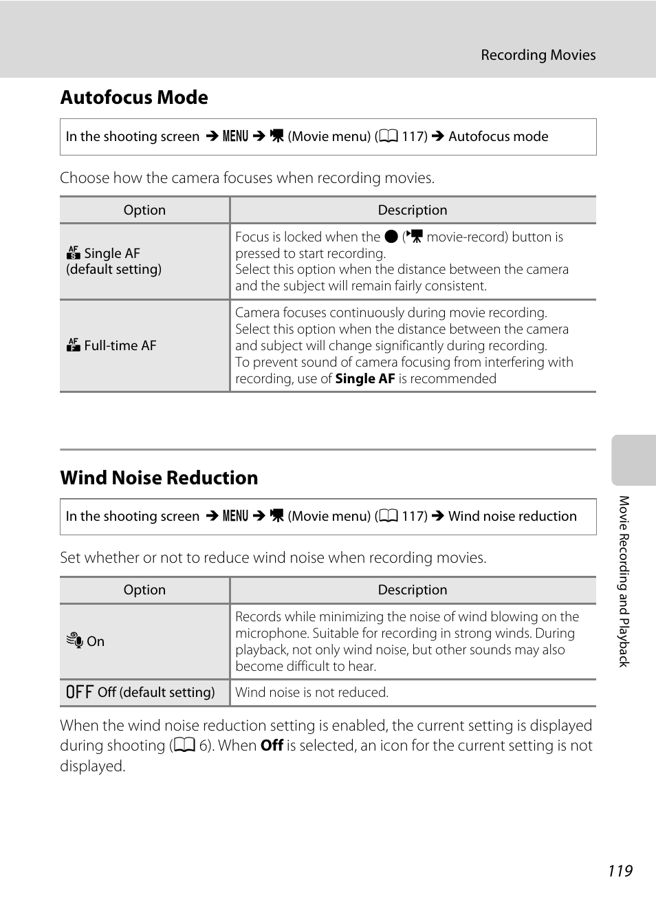 Autofocus mode, Wind noise reduction, Autofocus mode wind noise reduction | A 119) i, A 119), A 119 | Nikon S3100 User Manual | Page 131 / 196