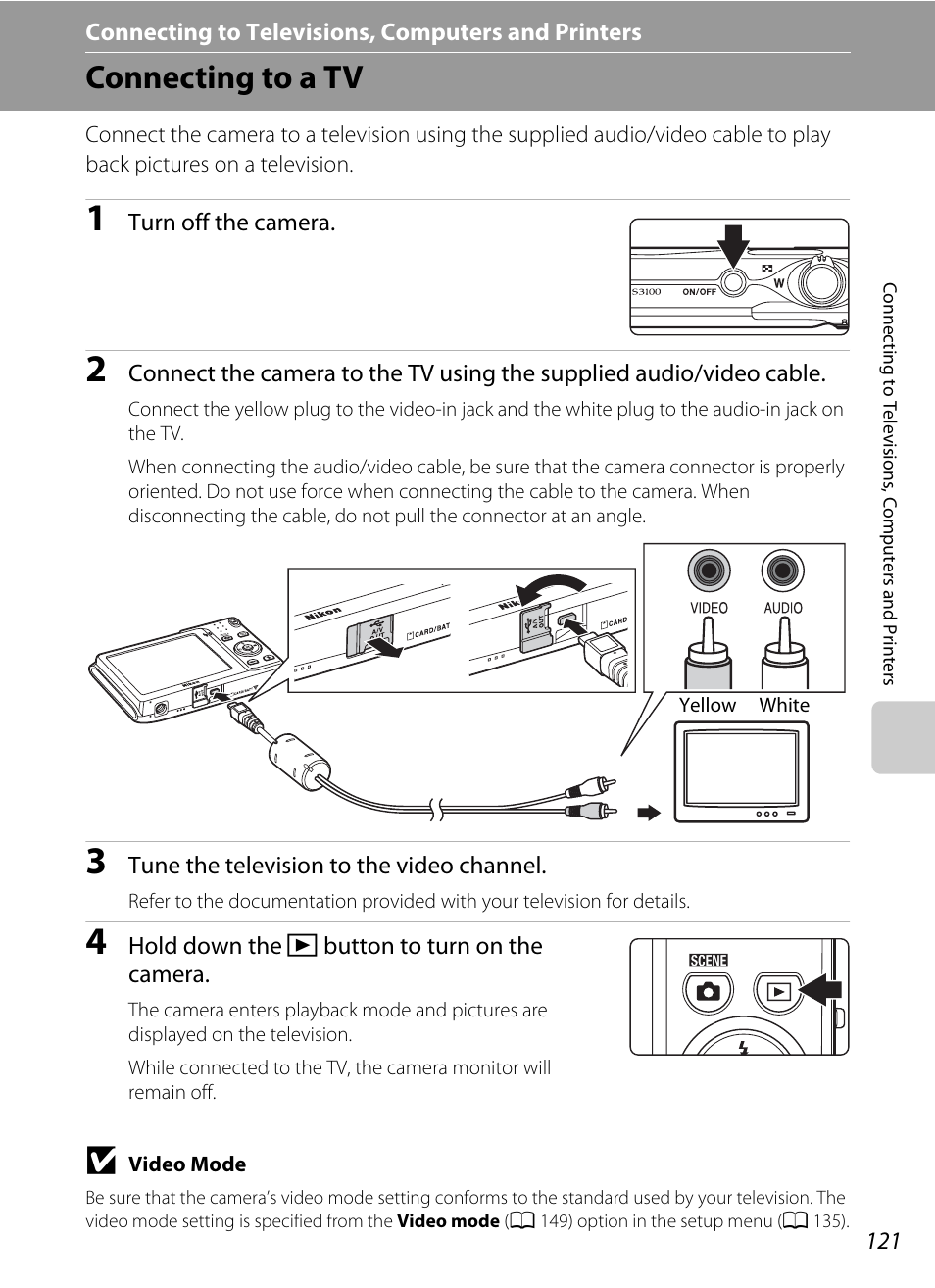 Connecting to televisions, computers and printers, Connecting to a tv | Nikon S3100 User Manual | Page 133 / 196