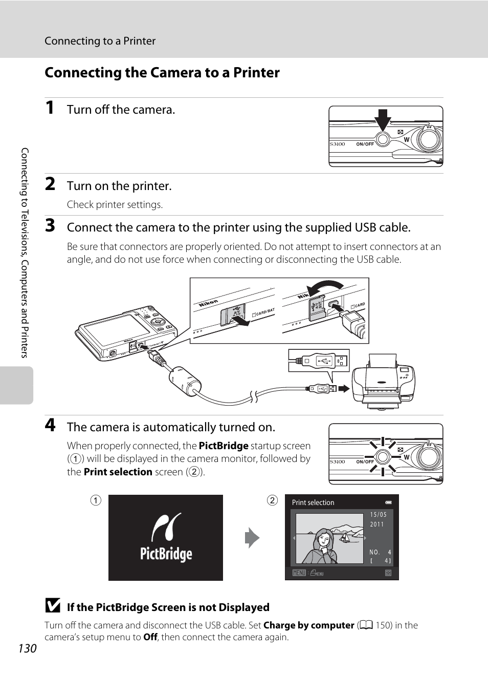 Connecting the camera to a printer, A 130) | Nikon S3100 User Manual | Page 142 / 196