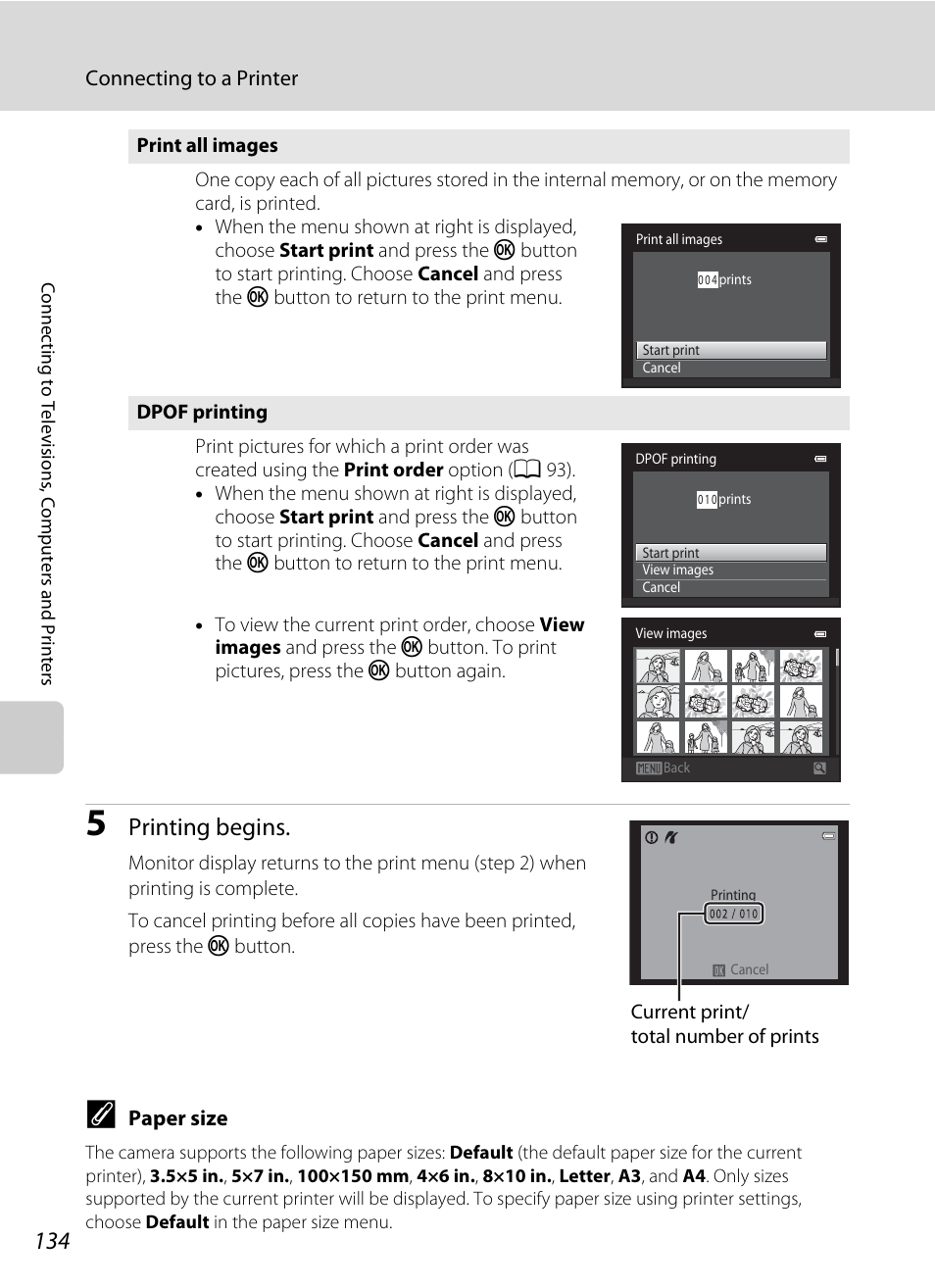 A 134), Printing begins | Nikon S3100 User Manual | Page 146 / 196
