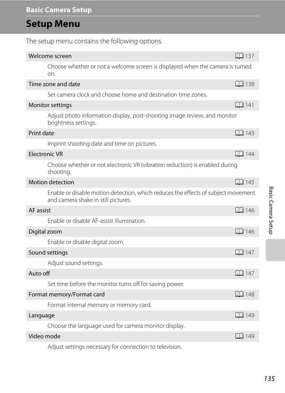 Basic camera setup, Setup menu, A 135) | Tup menu (a 135, Menu (a 135) | Nikon S3100 User Manual | Page 147 / 196