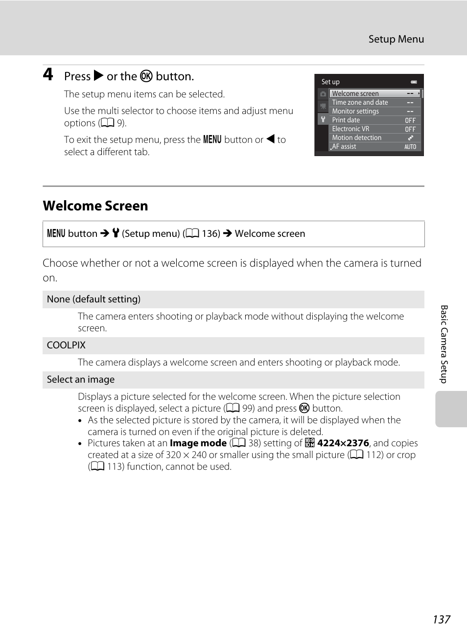 Welcome screen, A 137), A 137 | Press k or the k button | Nikon S3100 User Manual | Page 149 / 196