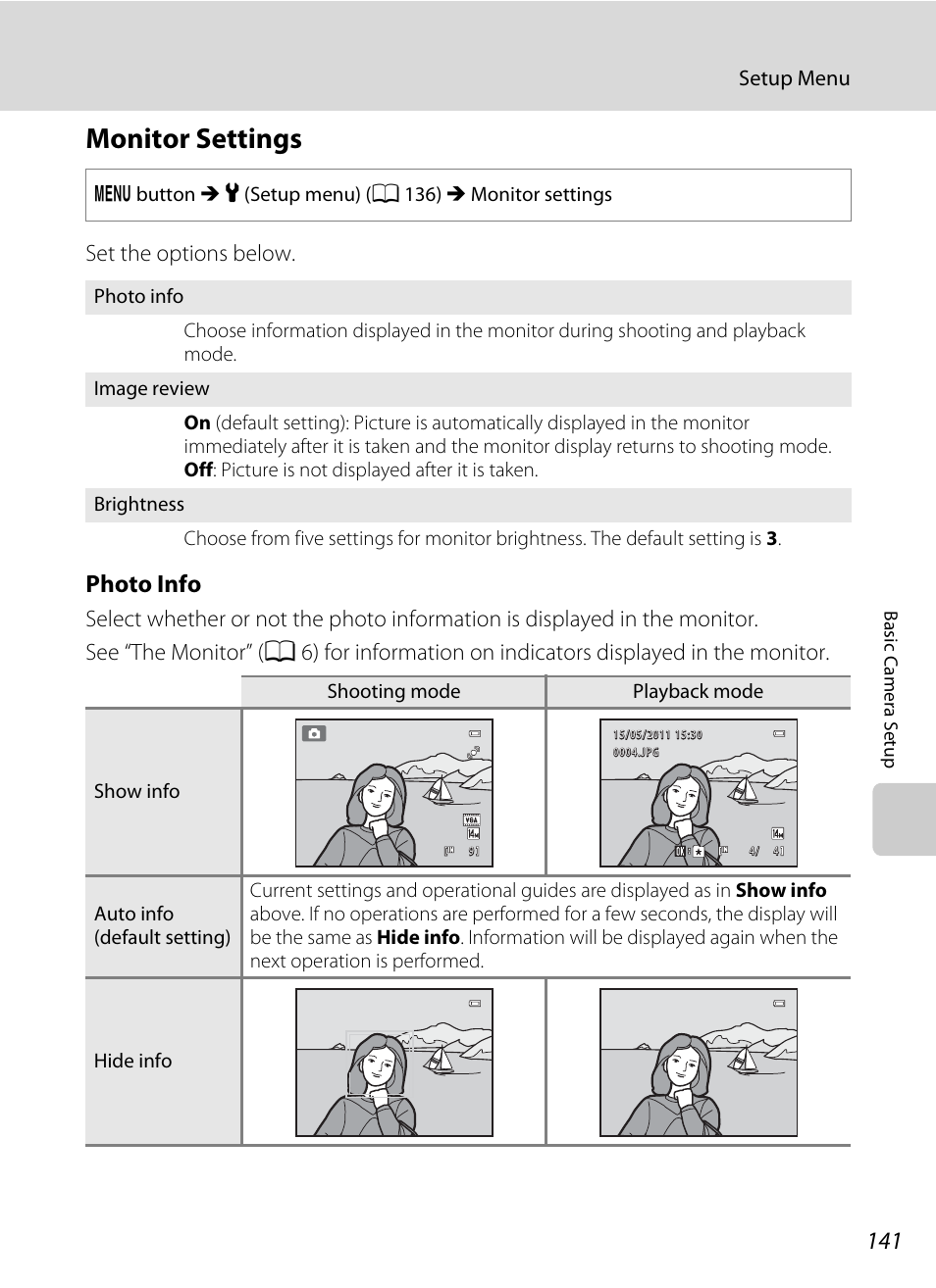 Monitor settings, A 141), Off after a few seconds | A 141, Photo info | Nikon S3100 User Manual | Page 153 / 196