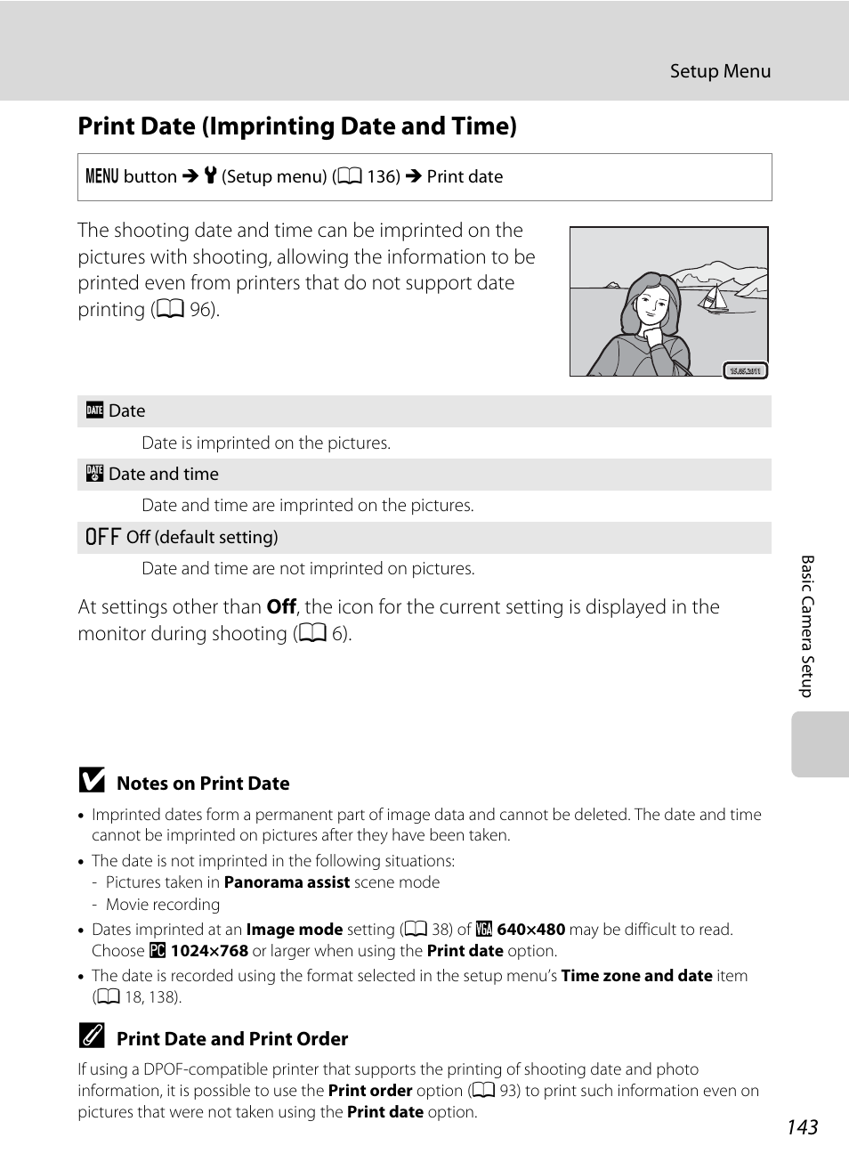 Print date (imprinting date and time), A 143), Tion (a 143) i | A 143 | Nikon S3100 User Manual | Page 155 / 196