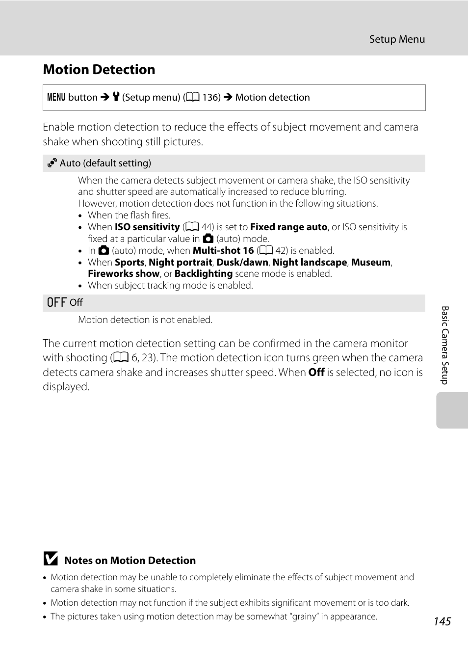 Motion detection, A 145) i, A 145) | A 145 | Nikon S3100 User Manual | Page 157 / 196
