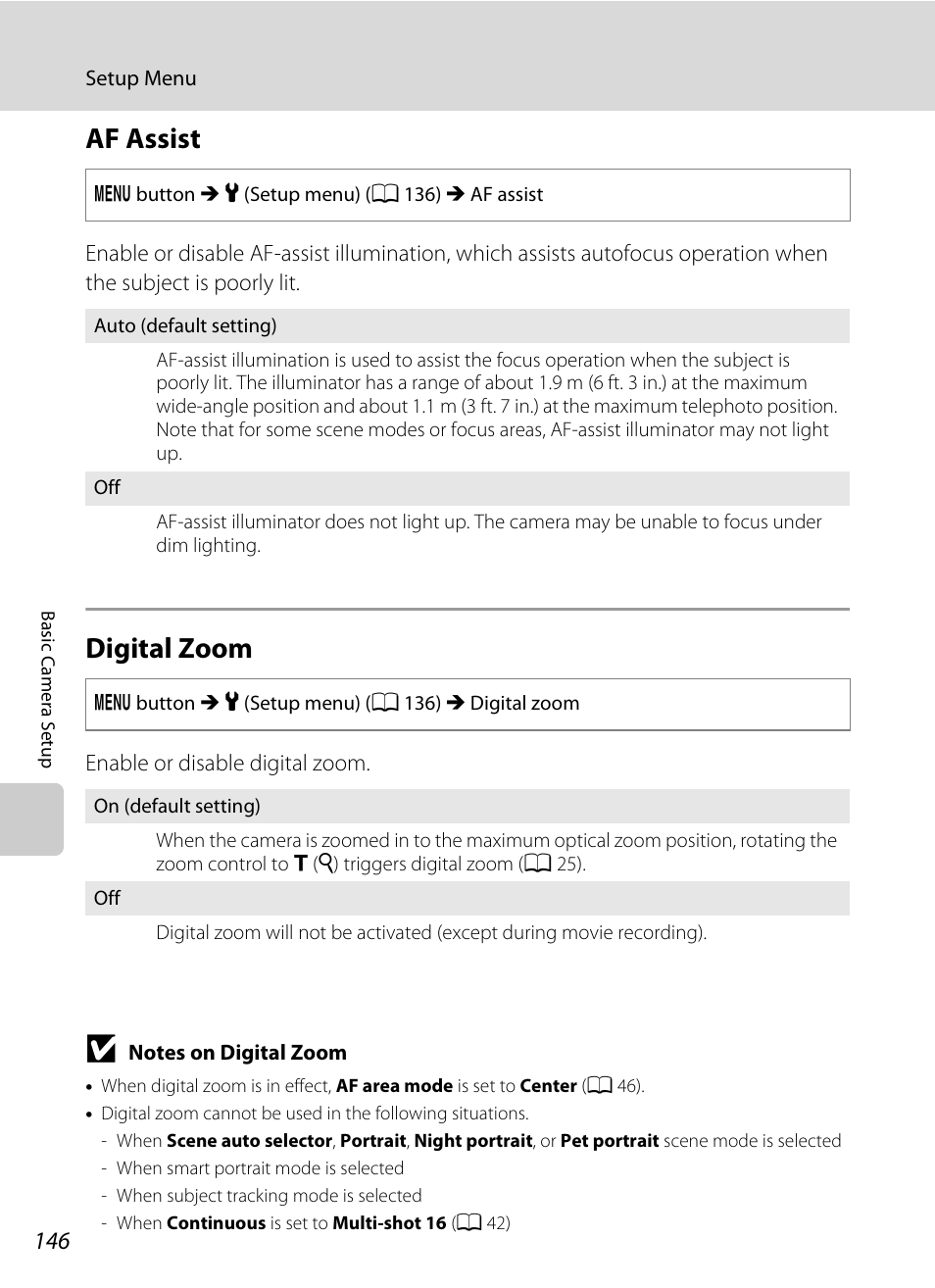 Af assist, Digital zoom, Af assist digital zoom | A 146) in, A 146) may l, Ee “notes on digital zoom, A 146), A 146) does not, A 146 | Nikon S3100 User Manual | Page 158 / 196