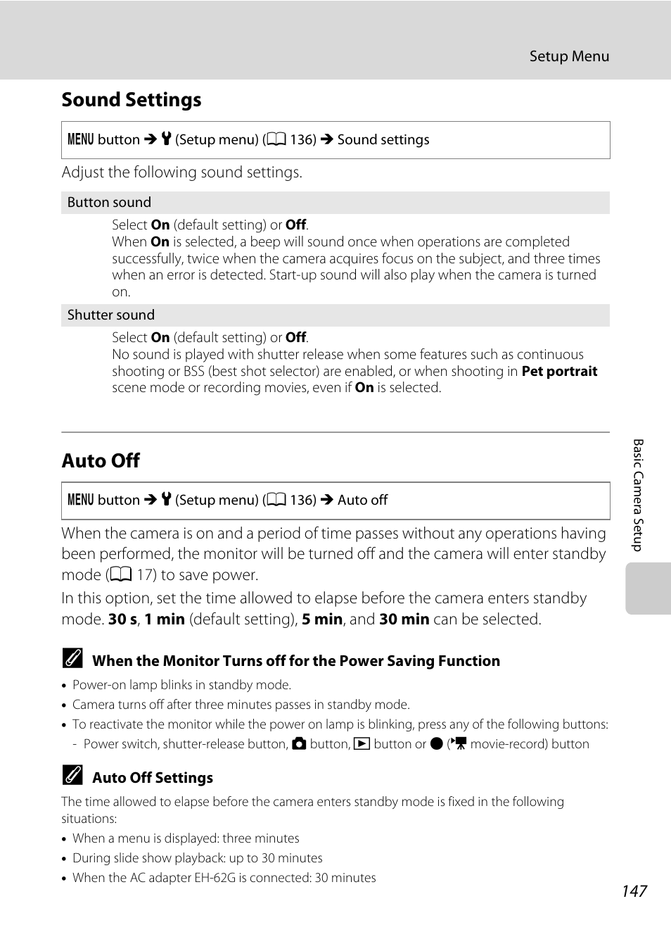 Sound settings, Auto off, Sound settings auto off | A 147), A 147) in, A 147) i, A 147 | Nikon S3100 User Manual | Page 159 / 196