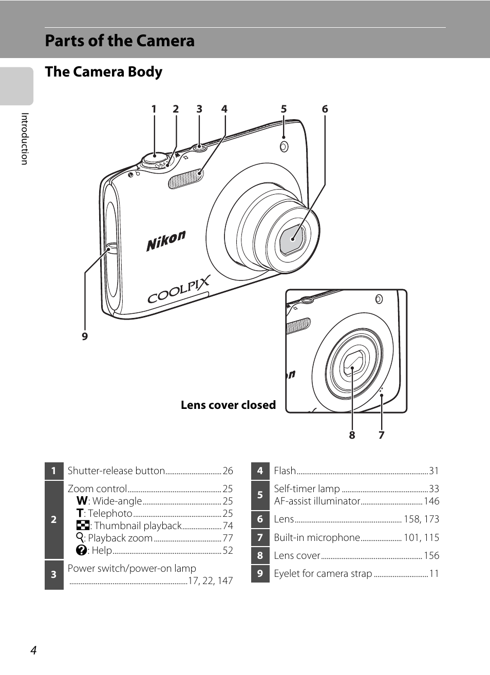 Parts of the camera, The camera body | Nikon S3100 User Manual | Page 16 / 196
