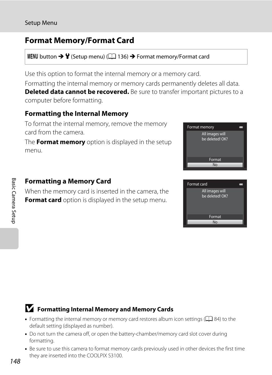 Format memory/format card, A 148 | Nikon S3100 User Manual | Page 160 / 196