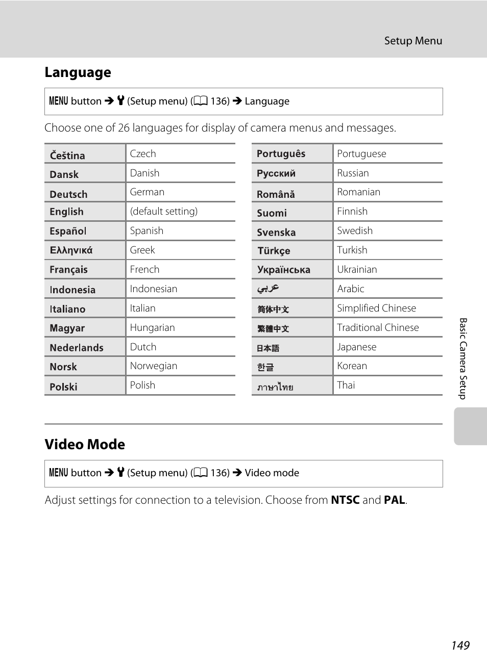 Language, Video mode, Language video mode | A 149 | Nikon S3100 User Manual | Page 161 / 196