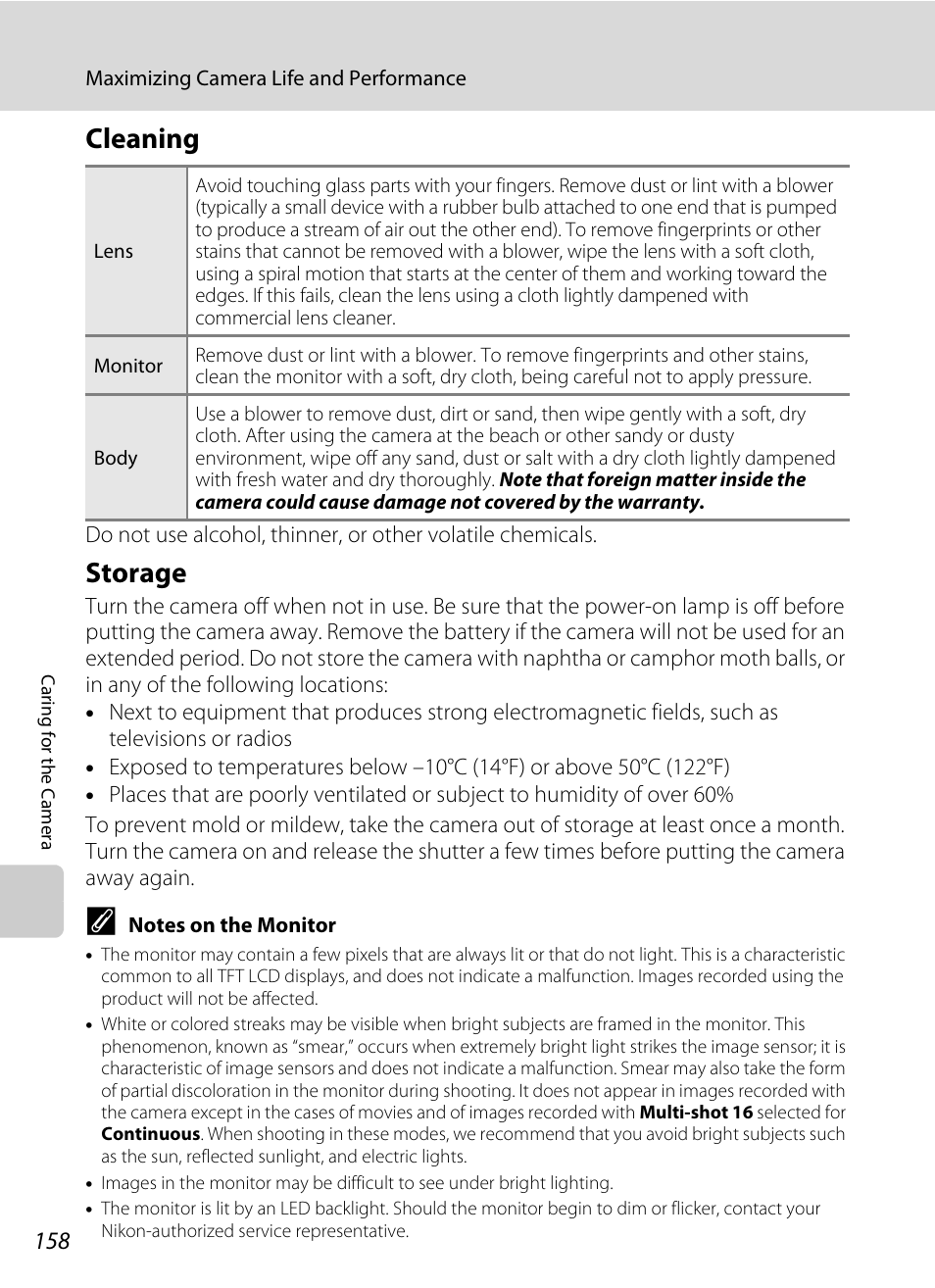 Cleaning, Storage, Cleaning storage | A 158) v, Smear (a 158) visib | Nikon S3100 User Manual | Page 170 / 196