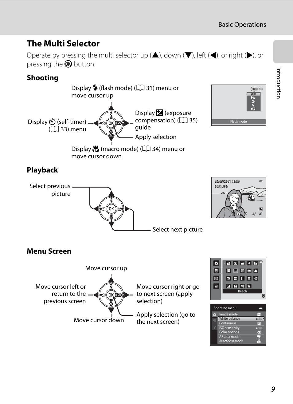 The multi selector, Shooting playback menu screen | Nikon S3100 User Manual | Page 21 / 196