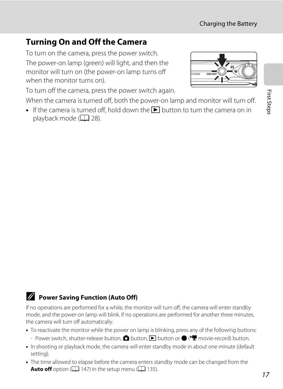 Turning on and off the camera, A 17) and be sure | Nikon S3100 User Manual | Page 29 / 196