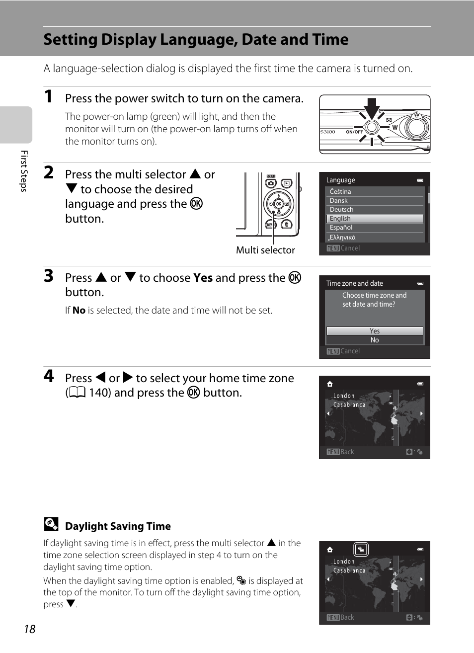 Setting display language, date and time | Nikon S3100 User Manual | Page 30 / 196