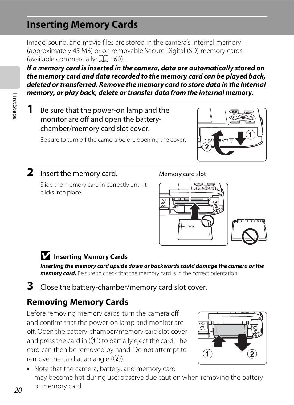 Inserting memory cards, Removing memory cards | Nikon S3100 User Manual | Page 32 / 196