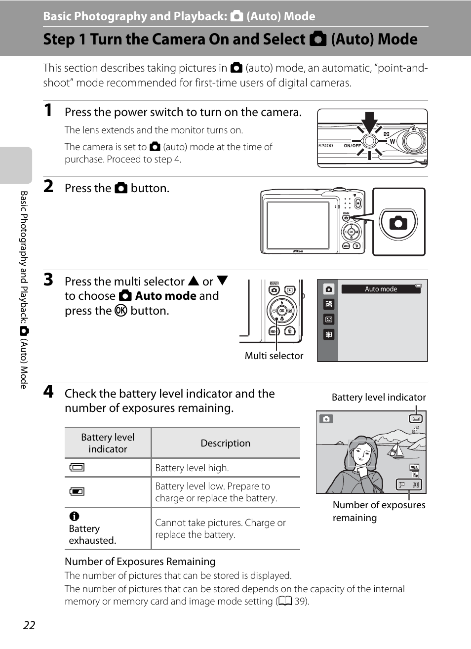 Basic photography and playback: auto mode, Step 1 turn the camera on and select auto mode, Basic photography and playback: a (auto) mode | Step 1 turn the camera on and select a (auto) mode | Nikon S3100 User Manual | Page 34 / 196