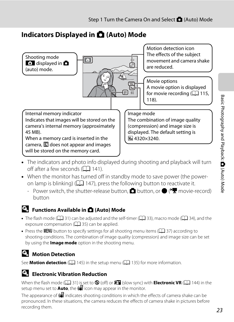 Indicators displayed in auto mode, Indicators displayed in a (auto) mode | Nikon S3100 User Manual | Page 35 / 196