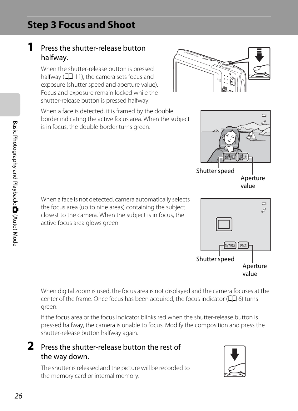 Step 3 focus and shoot, Press the shutter-release button halfway | Nikon S3100 User Manual | Page 38 / 196