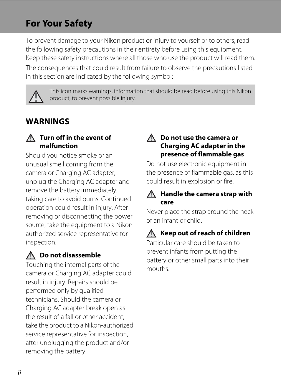 For your safety, Warnings | Nikon S3100 User Manual | Page 4 / 196