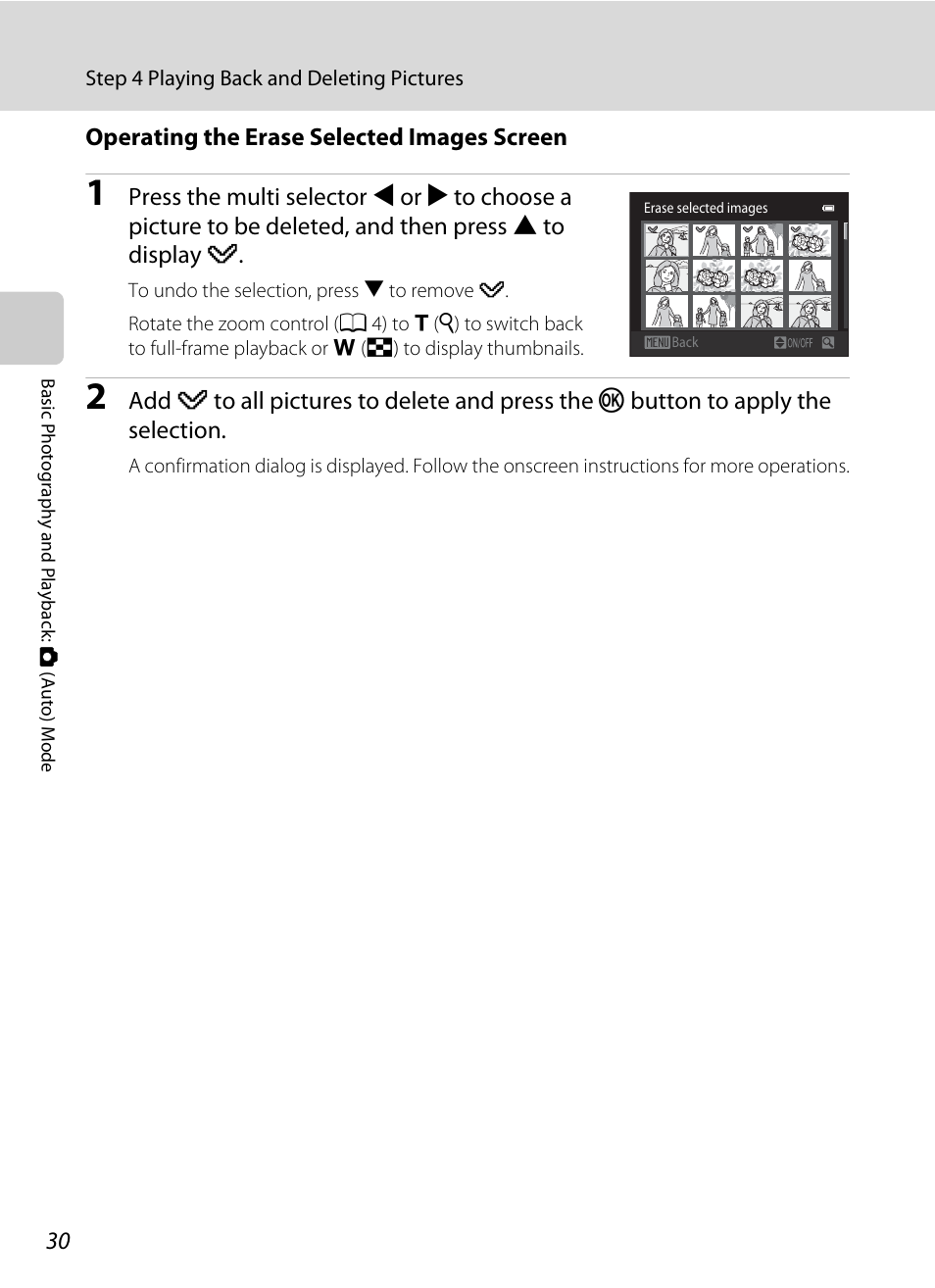 Operating the erase selected images screen, A 30) for | Nikon S3100 User Manual | Page 42 / 196