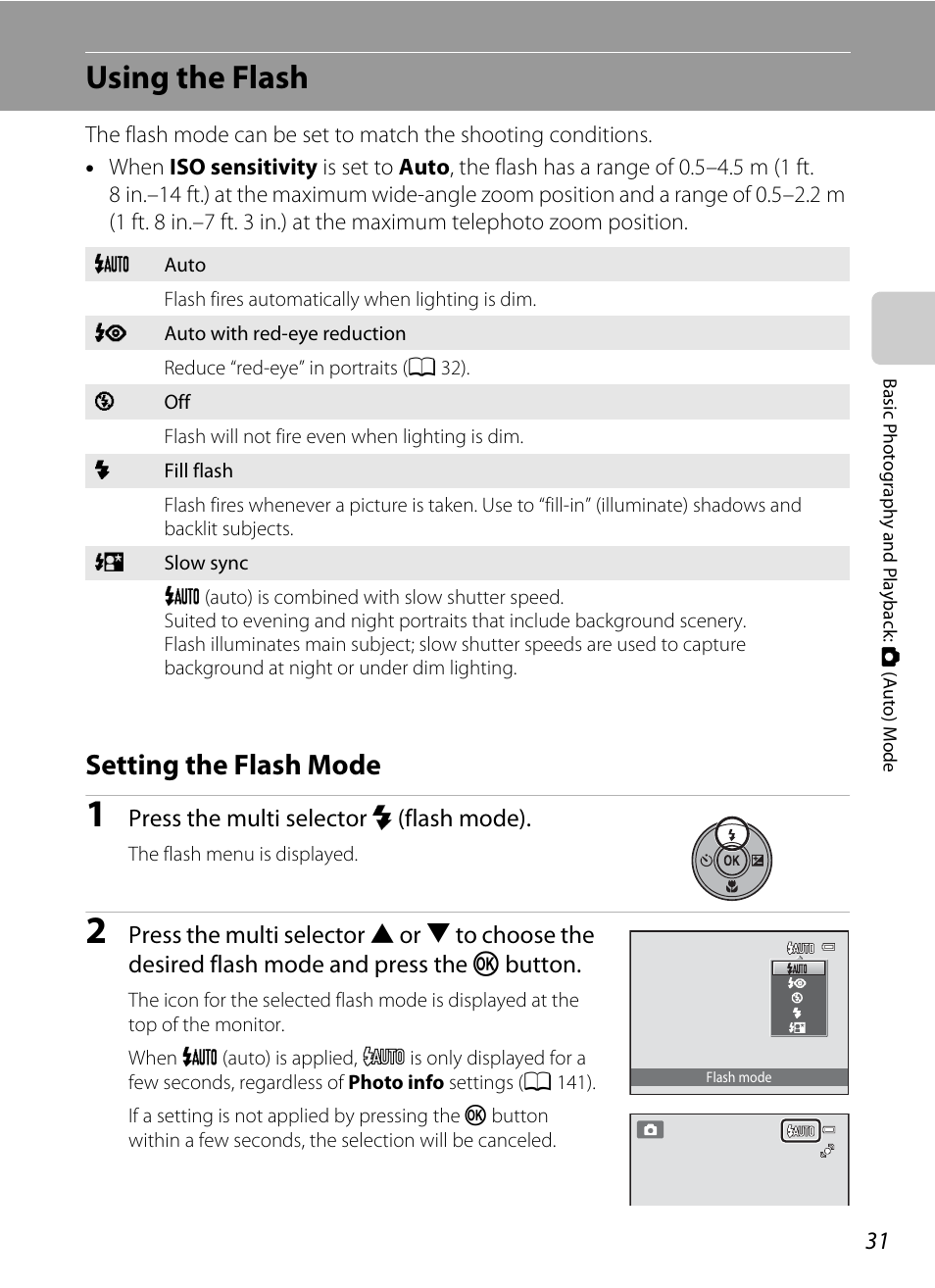 Using the flash, Setting the flash mode, A 31) menu | A 31) can, A 31) is set to, A 31) | Nikon S3100 User Manual | Page 43 / 196