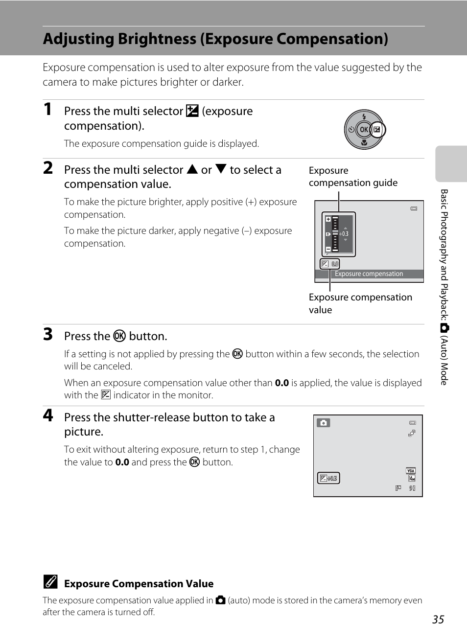 Adjusting brightness (exposure compensation), A 35), A 35) can be | Nikon S3100 User Manual | Page 47 / 196