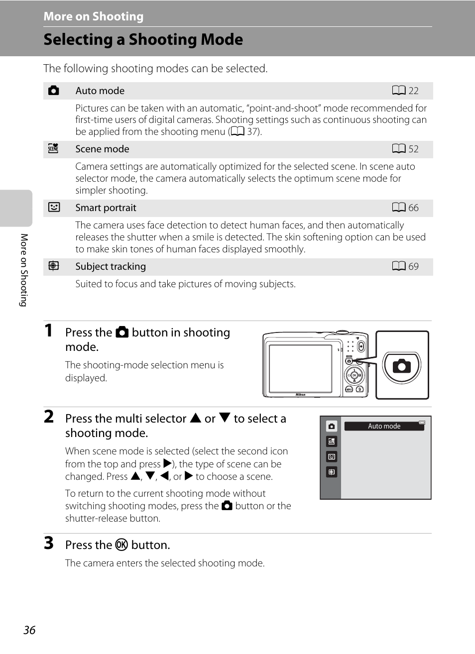More on shooting, Selecting a shooting mode, A 36) | Nikon S3100 User Manual | Page 48 / 196
