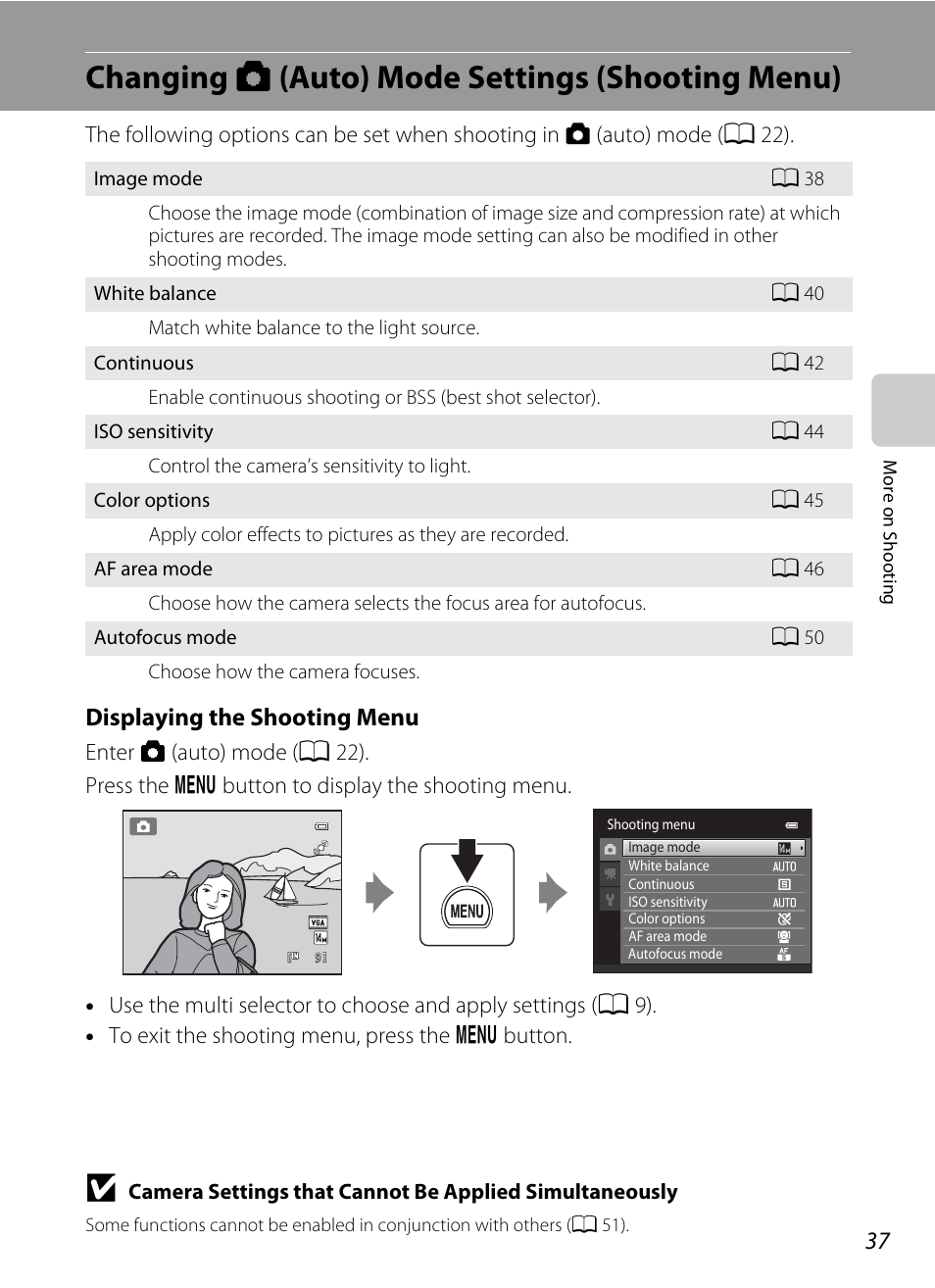 Changing auto mode settings (shooting menu), Changing a (auto) mode settings (shooting menu), A 37) accor | A 37), Displaying the shooting menu | Nikon S3100 User Manual | Page 49 / 196