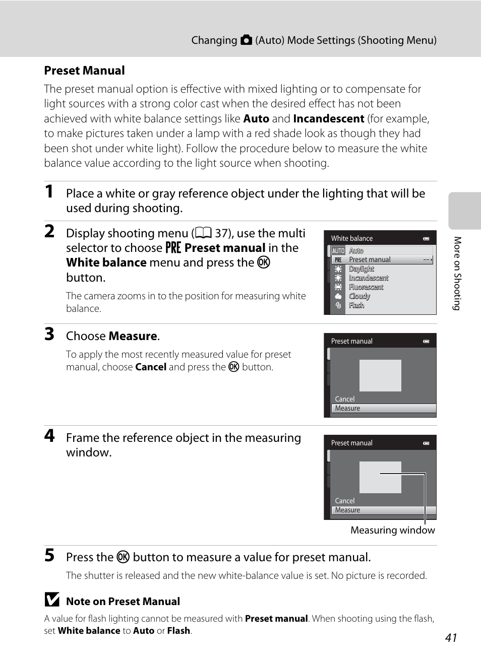 Preset manual” for more, A 41), Preset manual | Choose measure, Frame the reference object in the measuring window | Nikon S3100 User Manual | Page 53 / 196