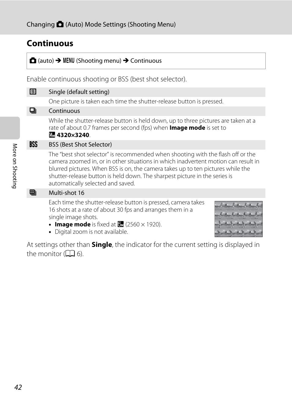Continuous, A 42 | Nikon S3100 User Manual | Page 54 / 196