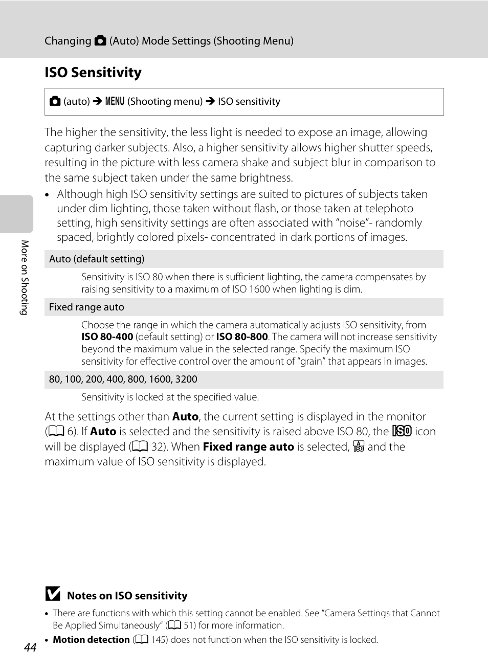 Iso sensitivity, A 44 | Nikon S3100 User Manual | Page 56 / 196
