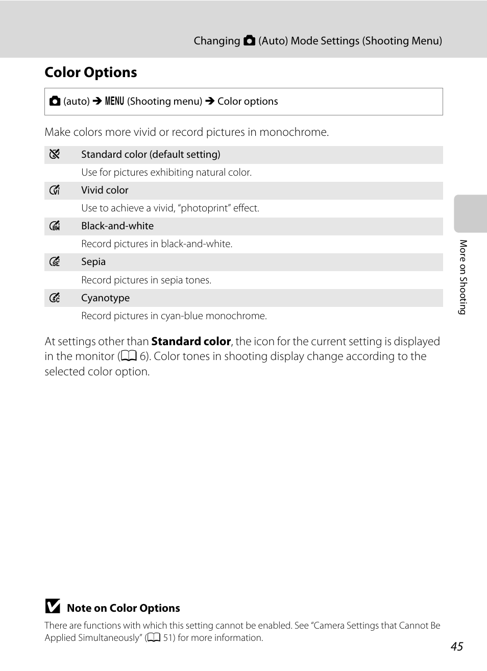 Color options, A 45 | Nikon S3100 User Manual | Page 57 / 196