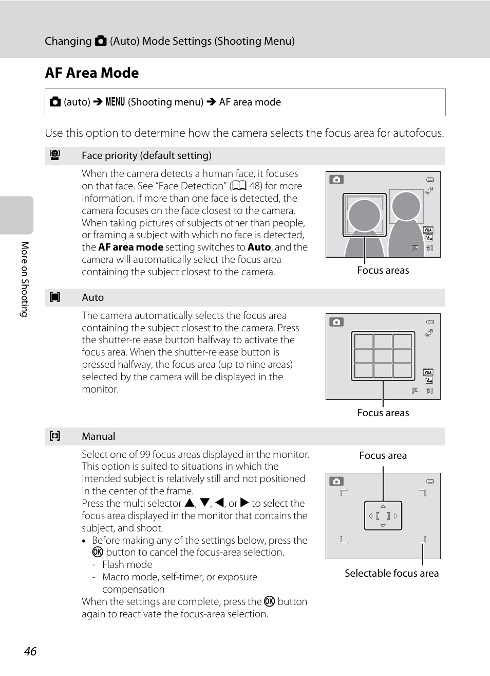 Af area mode, A 46) and, A 46 | Nikon S3100 User Manual | Page 58 / 196