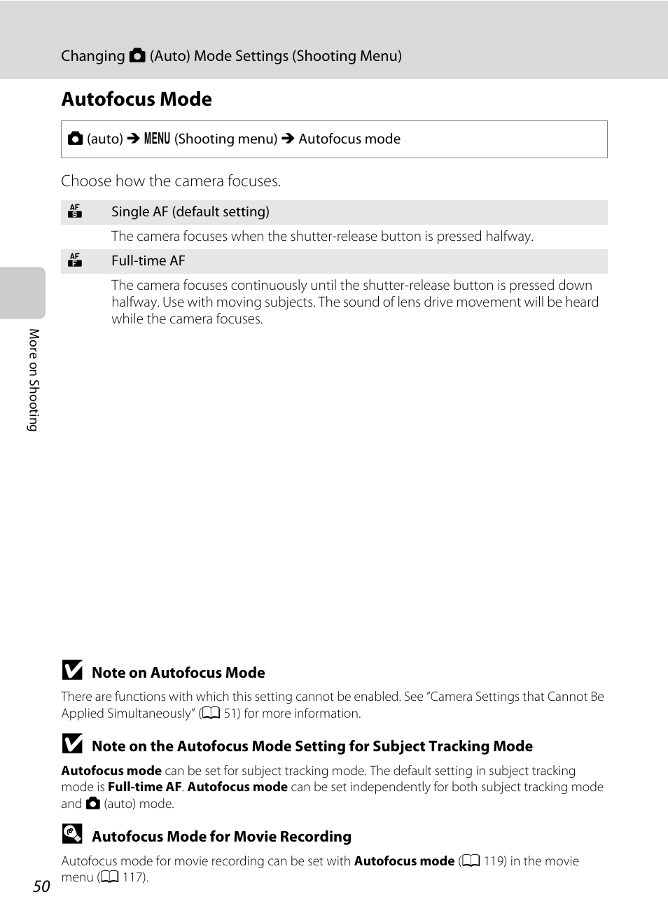 Autofocus mode, A 50 | Nikon S3100 User Manual | Page 62 / 196