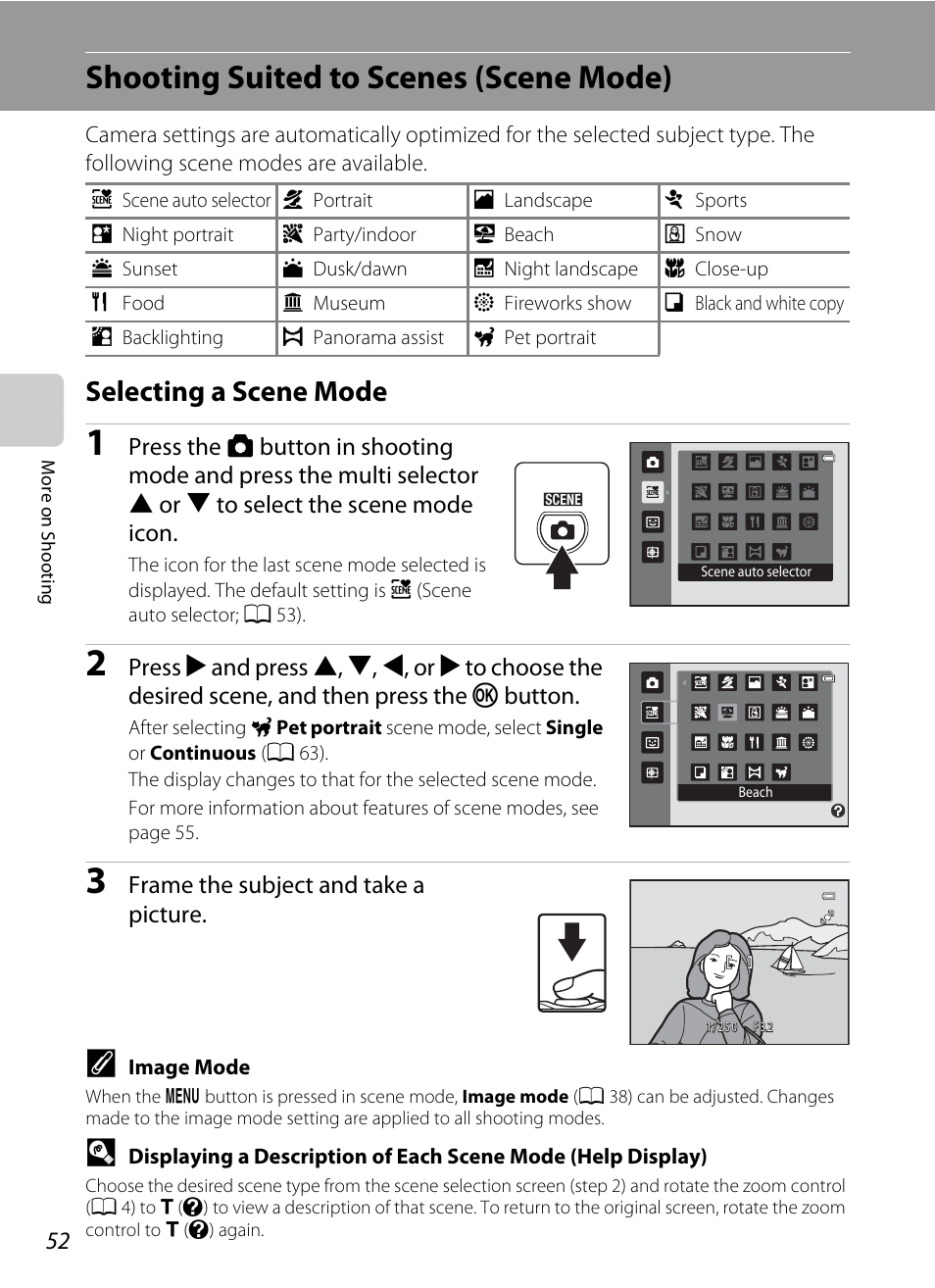 Shooting suited to scenes (scene mode), Selecting a scene mode, A 52 | Nikon S3100 User Manual | Page 64 / 196