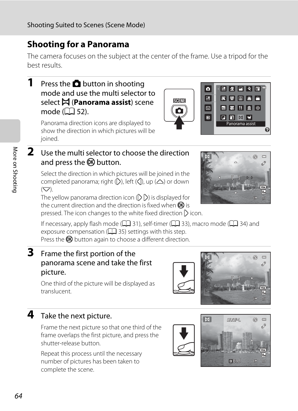 Shooting for a panorama | Nikon S3100 User Manual | Page 76 / 196