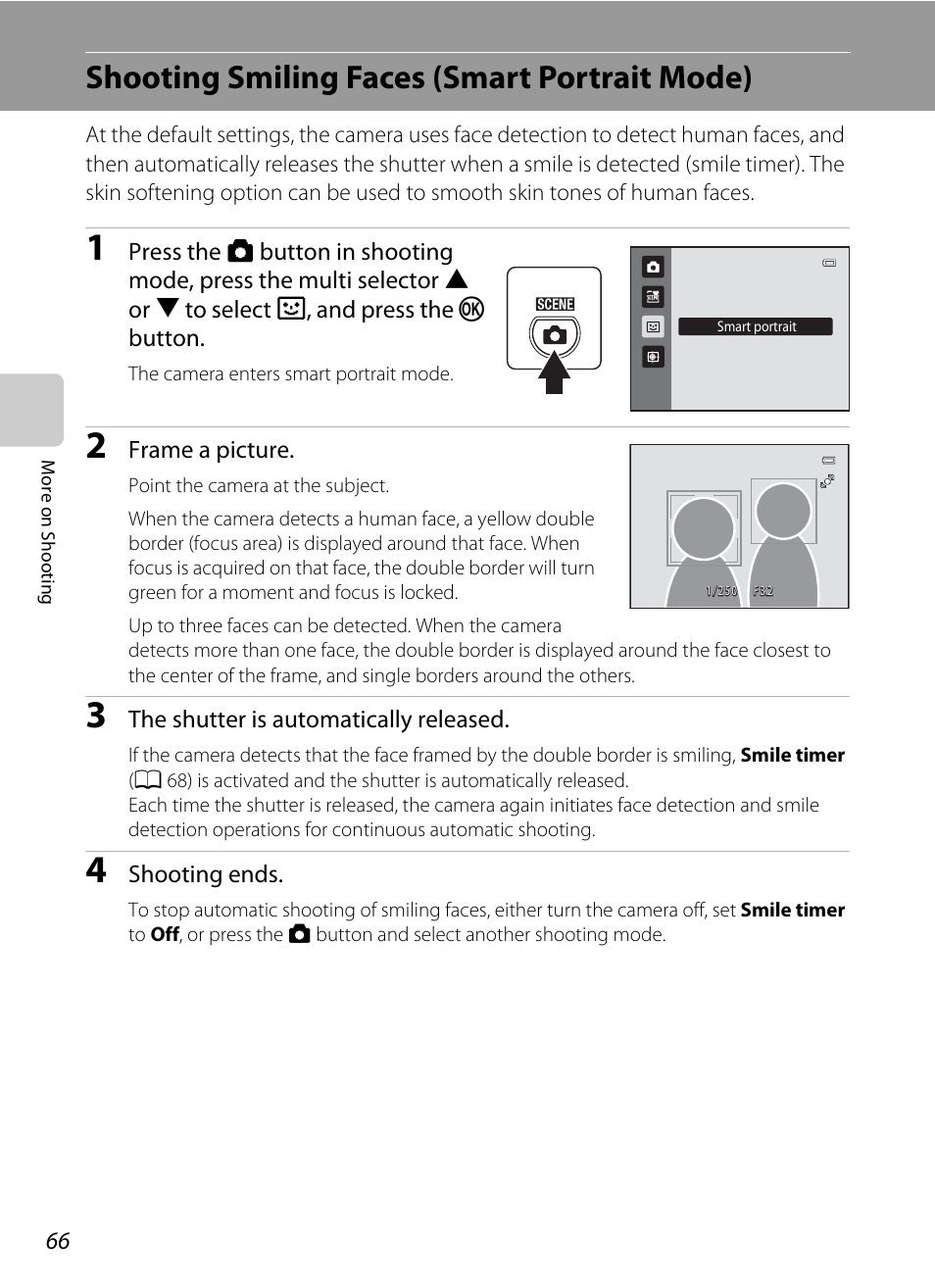 Shooting smiling faces (smart portrait mode), A 66, Mode (a 66) | A 66) | Nikon S3100 User Manual | Page 78 / 196