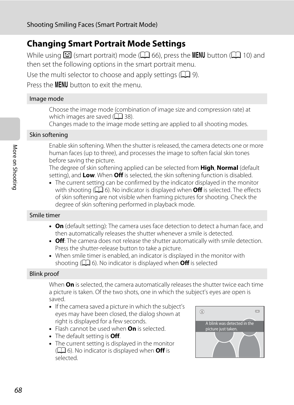 Changing smart portrait mode settings, A 68) | Nikon S3100 User Manual | Page 80 / 196