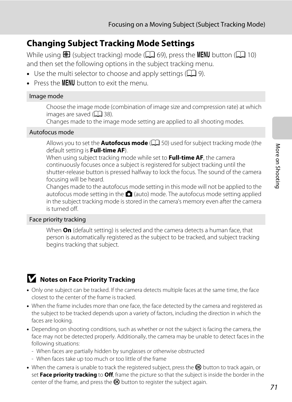 Changing subject tracking mode settings, A 71), S (a 71) | Nikon S3100 User Manual | Page 83 / 196