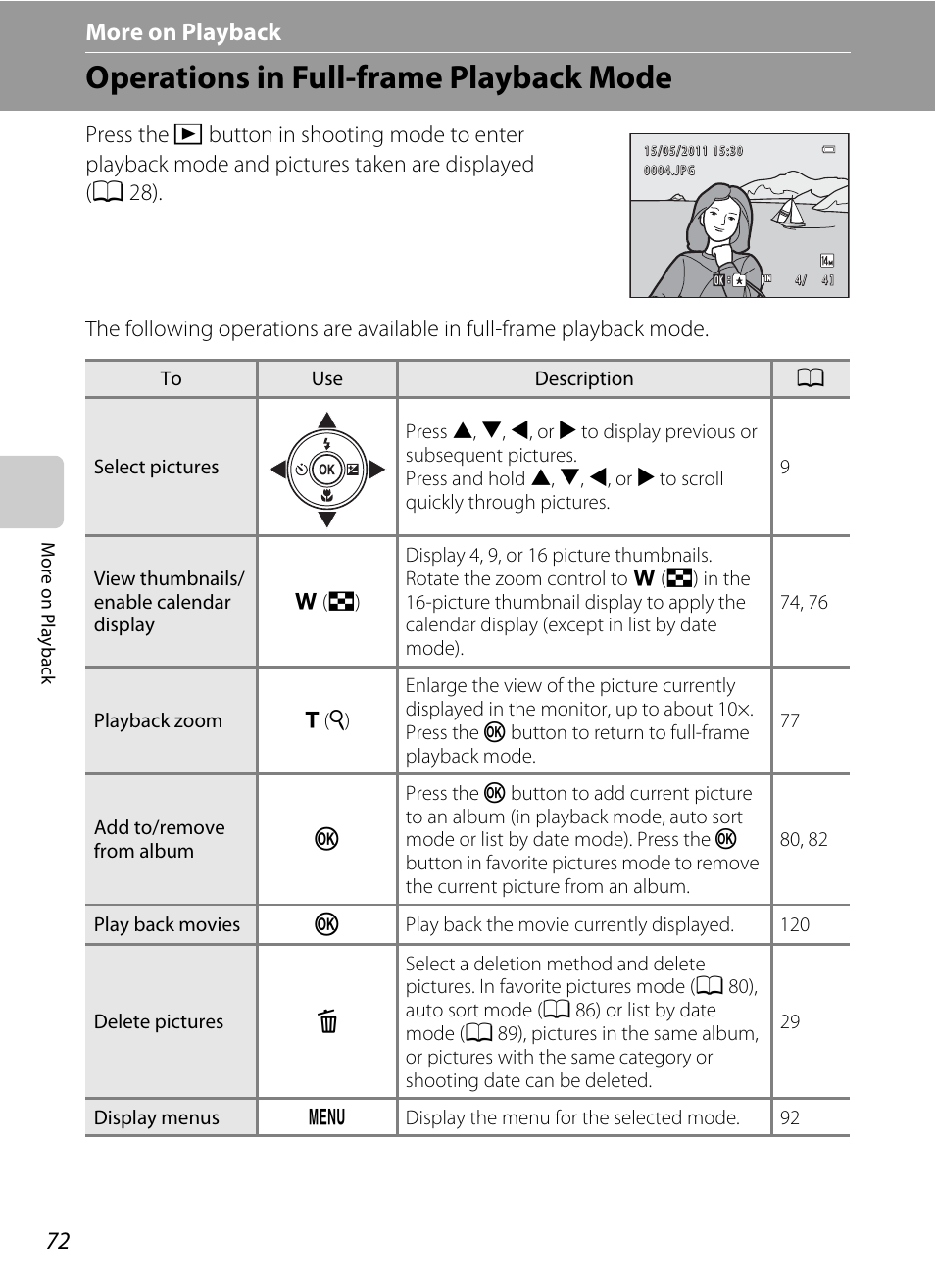 More on playback, Operations in full-frame playback mode, A 72) an | Nikon S3100 User Manual | Page 84 / 196