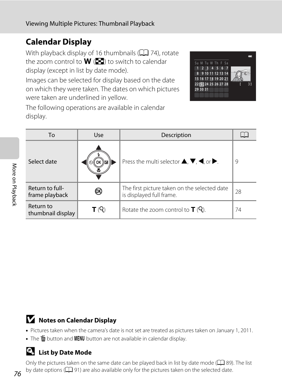 Calendar display, A 76, Viewing multiple pictures: thumbnail playback | List by date mode | Nikon S3100 User Manual | Page 88 / 196