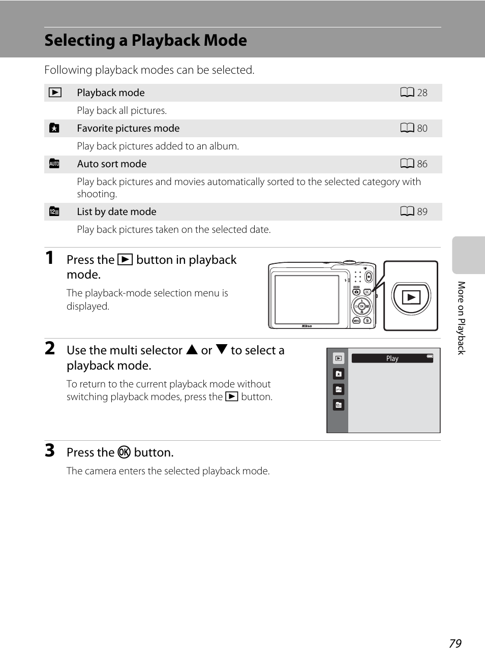 Selecting a playback mode, A 79) | Nikon S3100 User Manual | Page 91 / 196