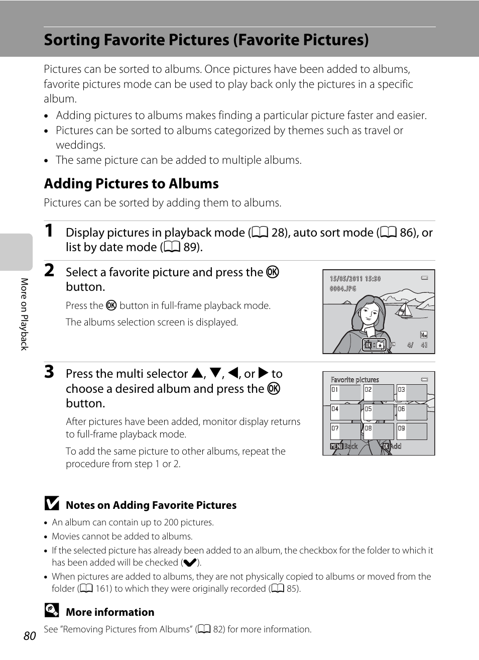 Sorting favorite pictures (favorite pictures), Adding pictures to albums, A 80) | A 80), a, A 80 | Nikon S3100 User Manual | Page 92 / 196