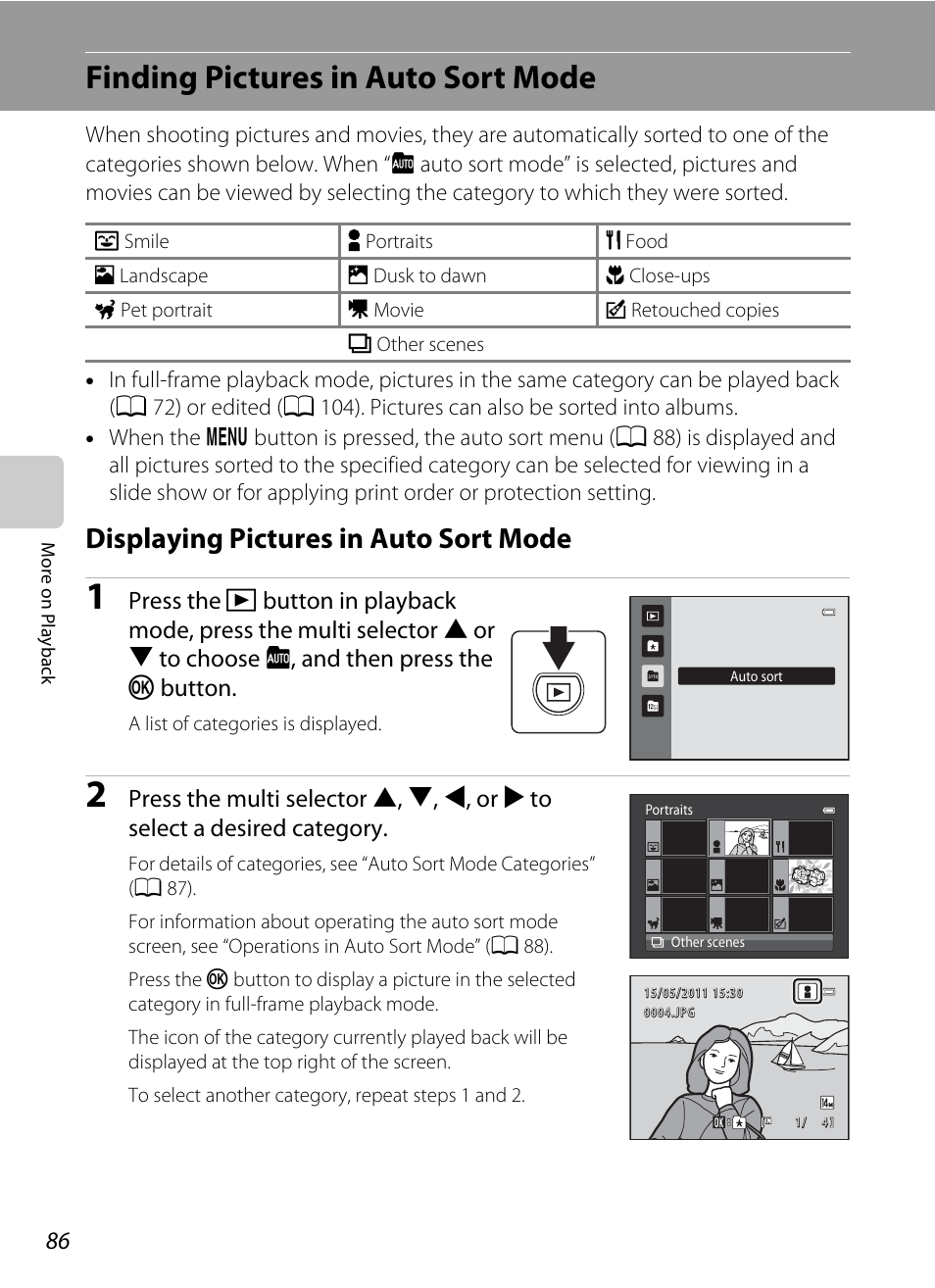 Finding pictures in auto sort mode, Displaying pictures in auto sort mode, A 86) | A 86), the, A 86) or, A 86, A 86), or | Nikon S3100 User Manual | Page 98 / 196