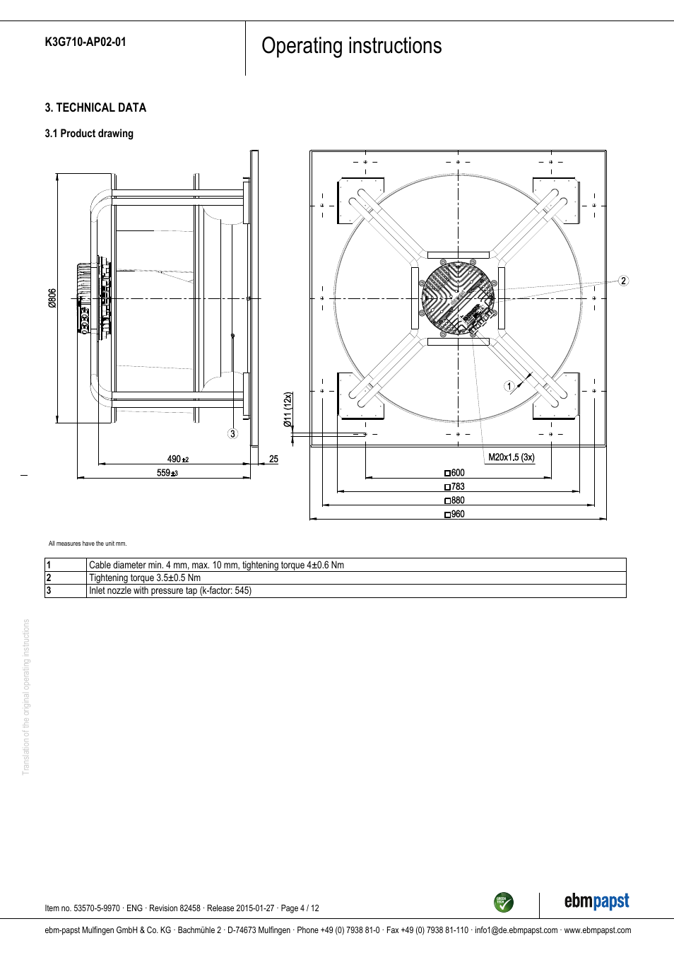 Operating instructions | ebm-papst K3G710-AP02-01 User Manual | Page 4 / 12