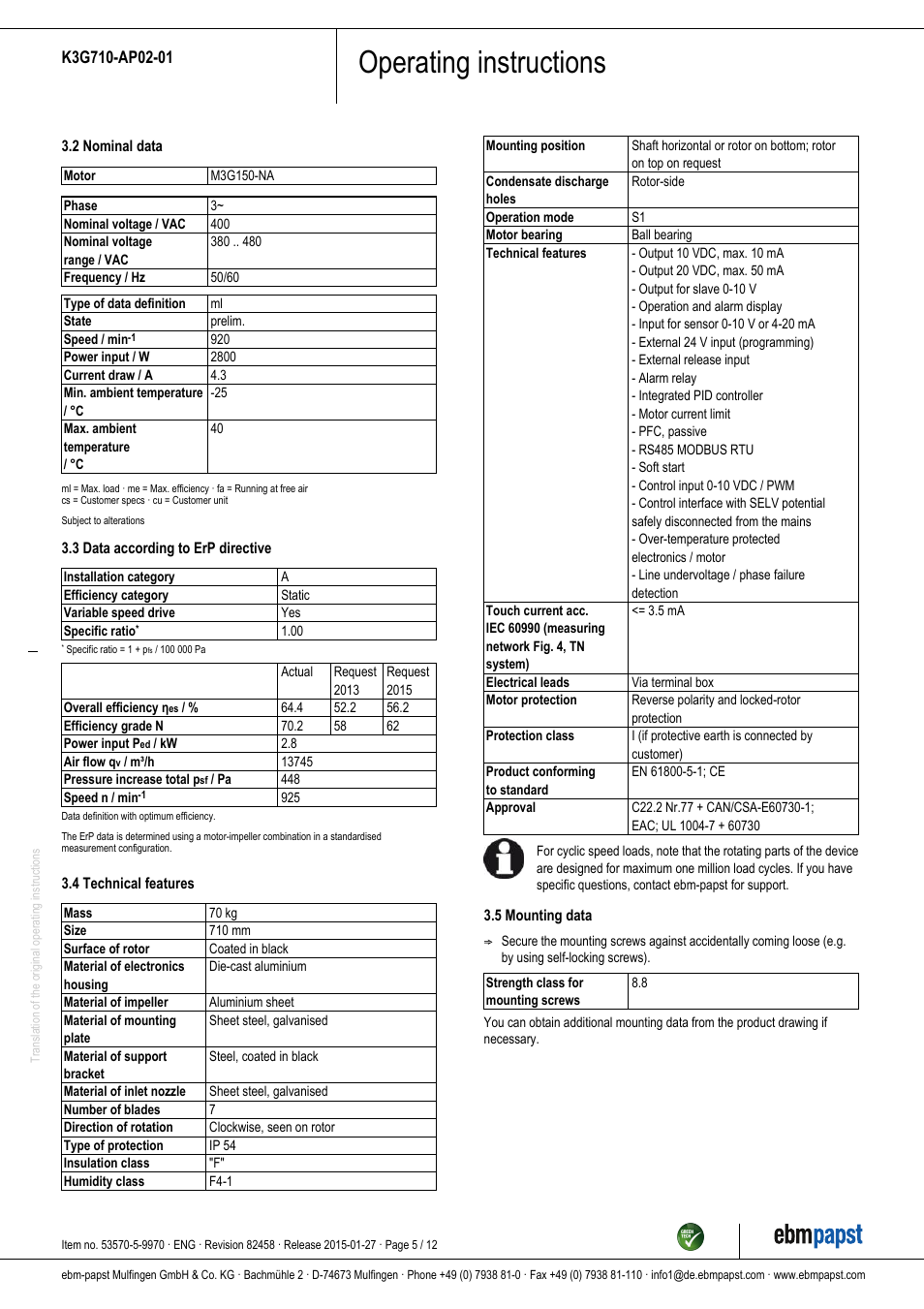 Operating instructions | ebm-papst K3G710-AP02-01 User Manual | Page 5 / 12