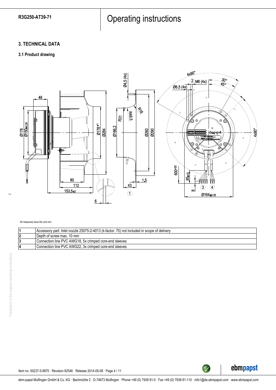 Operating instructions | ebm-papst R3G250-AT39-71 User Manual | Page 4 / 11