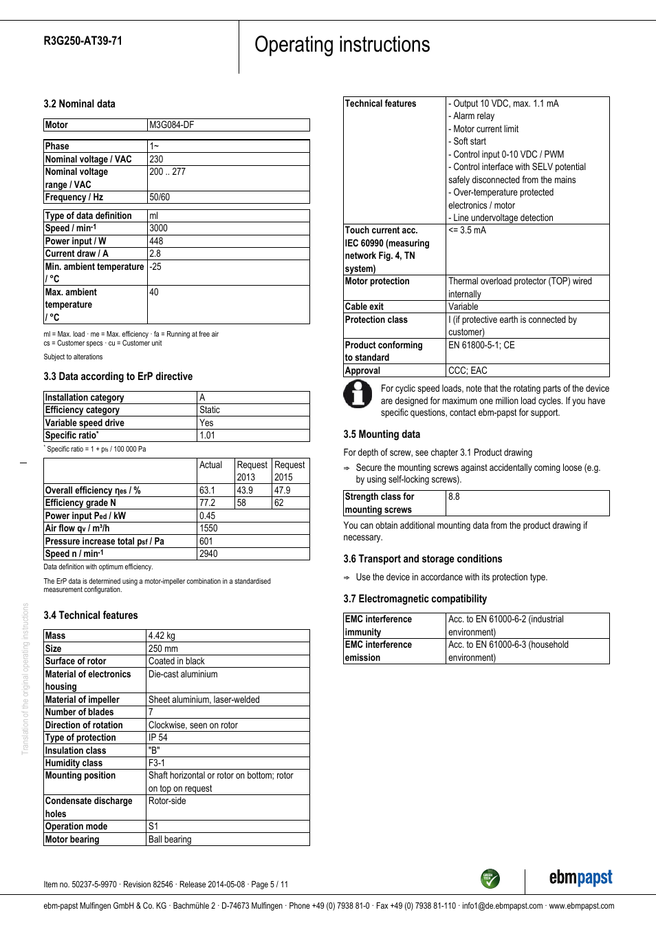 Operating instructions | ebm-papst R3G250-AT39-71 User Manual | Page 5 / 11