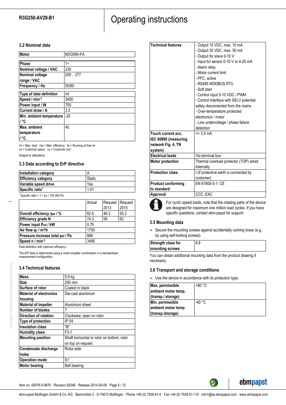 Operating instructions | ebm-papst R3G250-AV29-B1 User Manual | Page 5 / 12