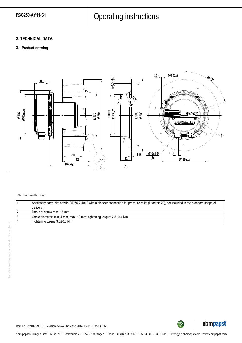 Operating instructions | ebm-papst R3G250-AY11-C1 User Manual | Page 4 / 12